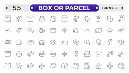 Box or Parcel outline icon vector set. Containing storehouse, stock, package storage, machine, process, cargo truck, courier, step and productivity, forklift, freight, lorry, moving.