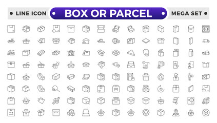 Box or Parcel outline icon vector set. Containing storehouse, stock, package storage, machine, process, cargo truck, courier, step and productivity, forklift, freight, lorry, moving.