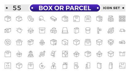 Box or Parcel outline icon vector set. Containing storehouse, stock, package storage, machine, process, cargo truck, courier, step and productivity, forklift, freight, lorry, moving.