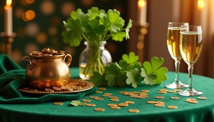 Saint Patrick's Day Table with Pot of Gold, Shamrocks, and Drinks