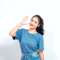 Excited Asian woman giving number 12345 by hand gesture