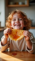 Adorable red hair child enjoying crepes during a festive Maslenitsa breakfast