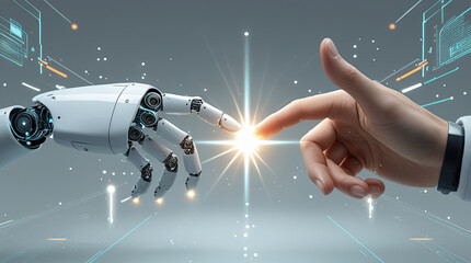 Futuristic Connection Robotic and Human Hands Almost Touching with Digital Light