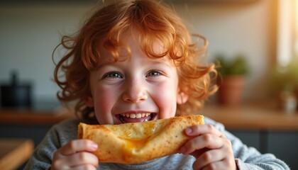 Adorable red hair child enjoying crepes during a festive Maslenitsa breakfast