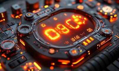 Close-up of futuristic digital timer displaying 0100.