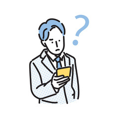 シンプル　イラスト　スマホを見ながらハテナマークを浮かべるビジネスマン