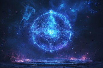 Glowing blue magic circle, mystical rune, fantasy portal.