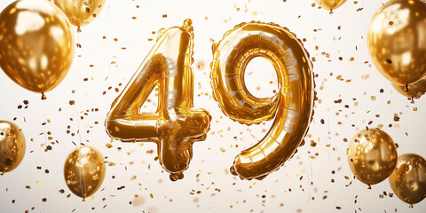 Metallic balloons in the shape of the number 49, floating, surrounded by confetti and balloons. White  background, decorations for birthdays or anniversaries