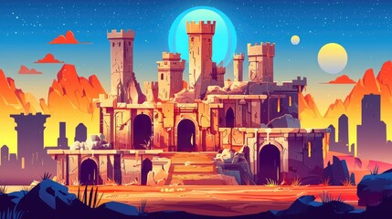 Ruins of a Stone Castle Under a Starry Sky