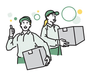 シンプル　イラスト　段ボールを持つ笑顔の配達員の男性と女性