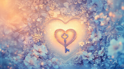 Golden Heart Key Surrounded By Delicate Blue Flowers