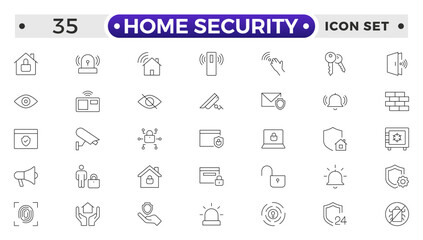 Set of Home Security  web icons in line style. Guard, cyber security, password, smart home, safety, data protection, key, shield, lock, unlock, eye access. Security outline icon.
