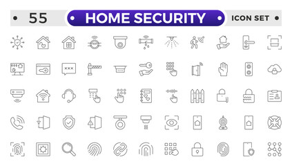 Set of Home Security  web icons in line style. Guard, cyber security, password, smart home, safety, data protection, key, shield, lock, unlock, eye access. Security outline icon.