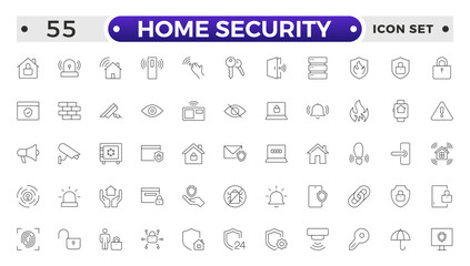 Set of Home Security  web icons in line style. Guard, cyber security, password, smart home, safety, data protection, key, shield, lock, unlock, eye access. Security outline icon.