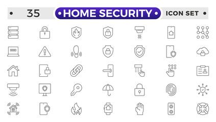 Set of Home Security  web icons in line style. Guard, cyber security, password, smart home, safety, data protection, key, shield, lock, unlock, eye access. Security outline icon.