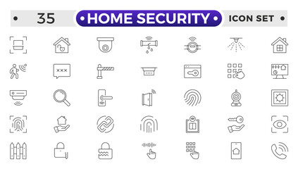 Set of Home Security  web icons in line style. Guard, cyber security, password, smart home, safety, data protection, key, shield, lock, unlock, eye access. Security outline icon.