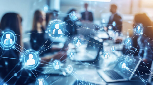 Virtual office environment with digital networking connections, showcasing collaboration and communication among team members in modern workspace