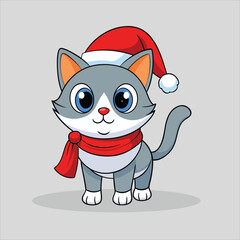 Adorable Cat with Santa Hat Cartoon Vector Illustration - Festive Holiday Design
