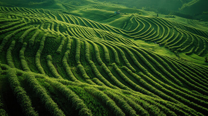 Fototapeta premium Lush green terraced fields create stunning landscape with wavy patterns. vibrant greenery reflects sunlight, showcasing beauty of nature in agricultural settings