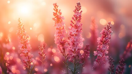 Naklejka premium Pink lilac flowers photographed in soft morning sunlight with dreamy bokeh, featuring dew drops on petals and golden hour glow in romantic garden setting.