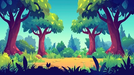 Two Large Trees Frame a Path Through Lush Greenery