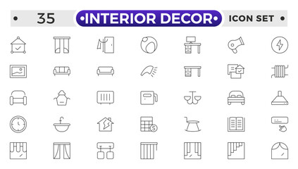 Home interior and furniture elements - thin line web icon set. Outline icons of kitchen, living room, bedroom and office collection. Simple vector illustration.
