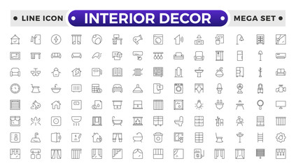 Home interior and furniture elements - thin line web icon set. Outline icons of kitchen, living room, bedroom and office collection. Simple vector illustration.