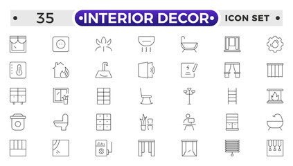 Home interior and furniture elements - thin line web icon set. Outline icons of kitchen, living room, bedroom and office collection. Simple vector illustration.
