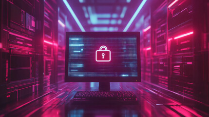 Obraz premium modern computer screen displaying padlock symbol, representing cybersecurity and data protection in vibrant digital environment. neon colors create futuristic atmosphere