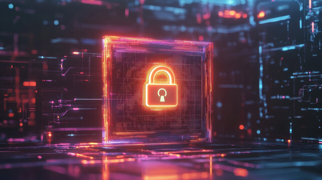 modern digital representation of secure website with glowing padlock symbol, emphasizing cybersecurity and data protection in vibrant, high tech environment
