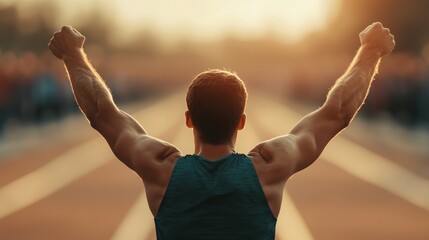 Celebration of victory by a sprinter athletic track sports photography outdoor sunset rear view achievement