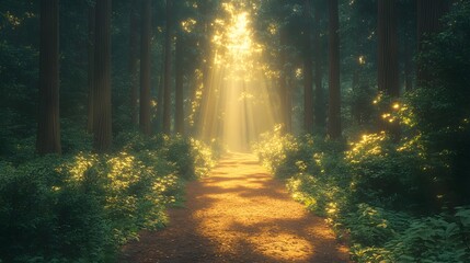 Mystical redwood forest trail with golden sunbeams piercing through towering sequoia trees, creating dramatic Tyndall effect amidst morning mist and lush undergrowth.