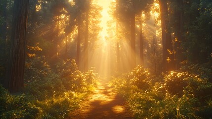 Mystical redwood forest trail with golden sunbeams piercing through towering sequoia trees, creating dramatic Tyndall effect amidst morning mist and lush undergrowth.