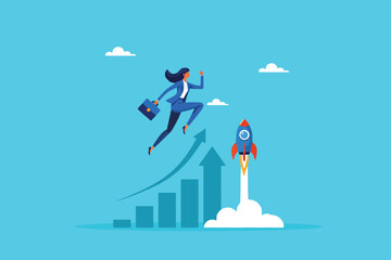 Fueling Success, A Businesswoman Propelling a Rocket on a Growing Chart of Achievement