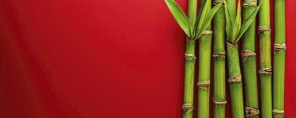 Obraz premium Bamboo species exhibit remarkable rapid growth, fascinating for nature enthusiasts, bold red background draws attention to their vitality.