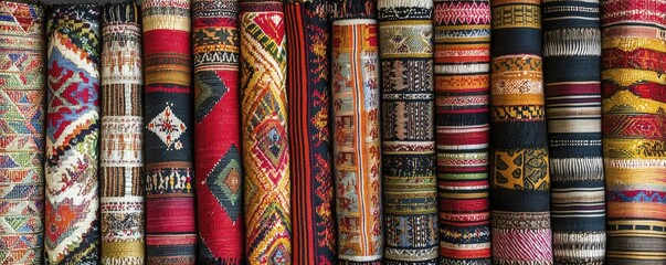 Colorful handwoven fabrics reflect cultural heritage and sustainable practices, enhanced by rich earth tones in the background.