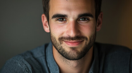 Fototapeta premium smiling man with beard, wearing gray shirt, exuding warmth and confidence. His friendly expression creates welcoming atmosphere