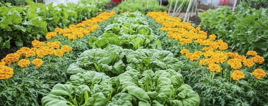 Explore effective intercropping methods for pest control, striking yellow marigolds stand out against dense green crops creating a vivid scene.