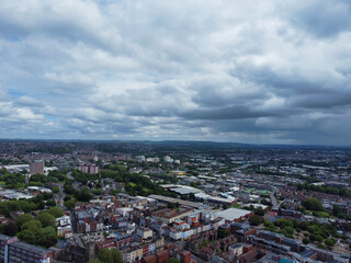 An Aerial View of Buildings at Central Bristol City of Southwest of England, United Kingdom. May 26th, 2024. The High Angle Footage Was Captured with Drone's Camera from Medium High Altitude.