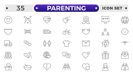 Set of Parenting outline icon related to family, parents, mother, father, son, daughter, children, baby, grandparents, grandfather, grandmother.Loving Family Relationships outline modern icon set.