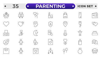 Set of Parenting outline icon related to family, parents, mother, father, son, daughter, children, baby, grandparents, grandfather, grandmother.Loving Family Relationships outline modern icon set.