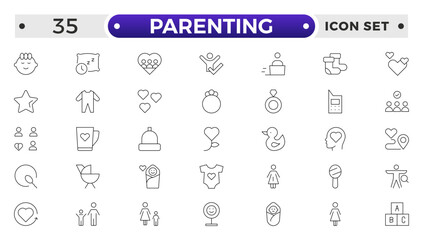 Set of Parenting outline icon related to family, parents, mother, father, son, daughter, children, baby, grandparents, grandfather, grandmother.Loving Family Relationships outline modern icon set.