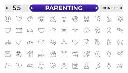 Set of Parenting outline icon related to family, parents, mother, father, son, daughter, children, baby, grandparents, grandfather, grandmother.Loving Family Relationships outline modern icon set.