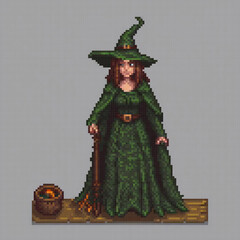 Obraz premium Vintage pixel art of a lady with a broom, dressed in a vibrant green outfit.