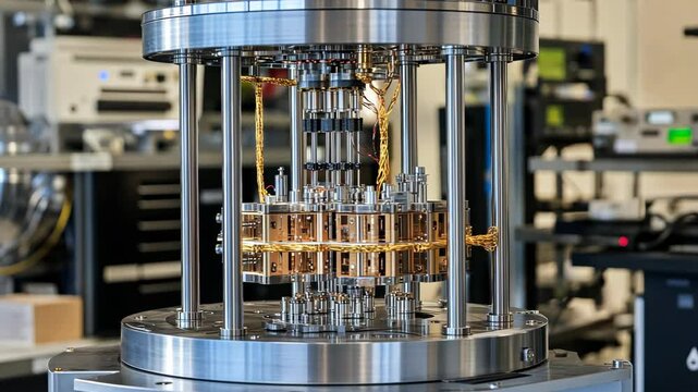 Advanced quantum computing device showcased in a high-tech laboratory setting