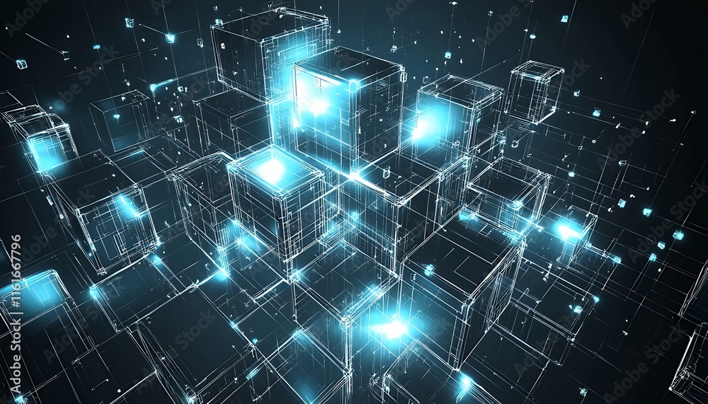 Sticker glowing cuboid elements in a futuristic digital abstract design