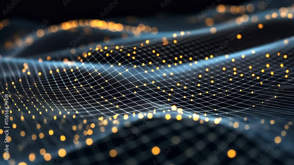 Poster abstract 3d visualization of waveforms with light particles on a dark background