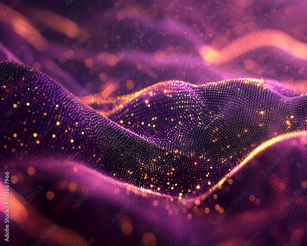 Wall mural glowing particle stream on a rich purple abstract background for futuristic tech themes.