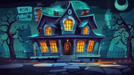 Haunted House with Glowing Windows and Spooky Trees