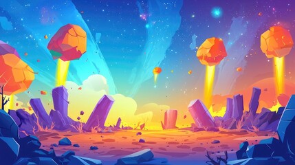 Fantasy Landscape with Falling Orange Crystals and Bright Beams